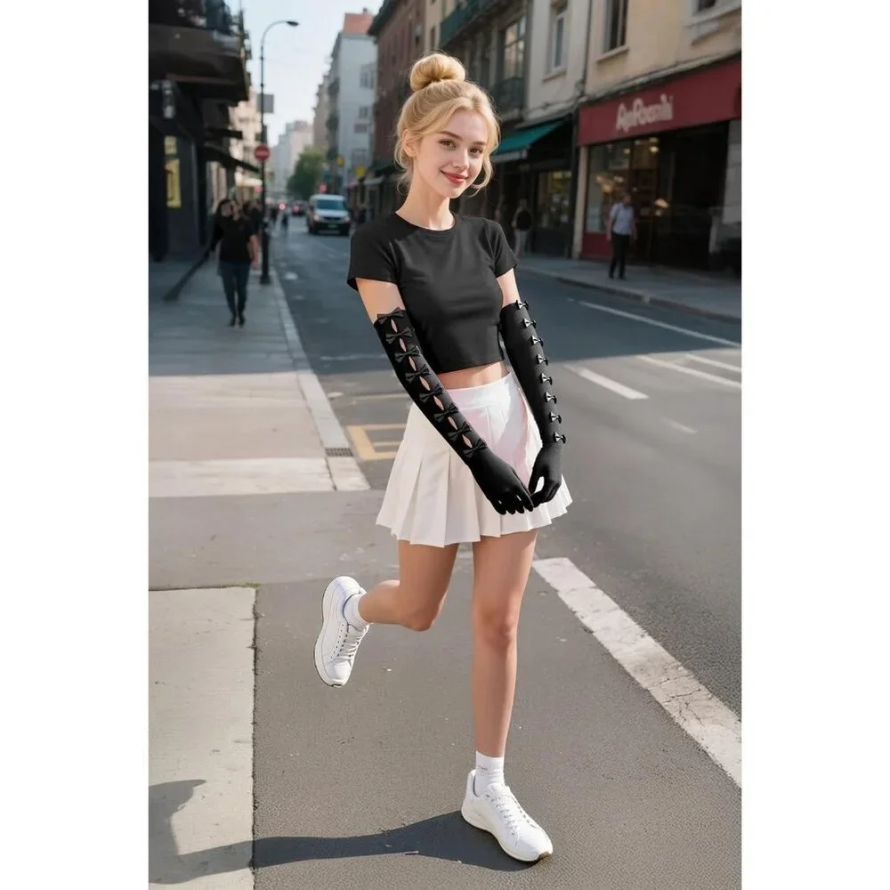 Women's Princess Black Long Sleeves Gloves Bow Lace Mesh Tulle Party Prom